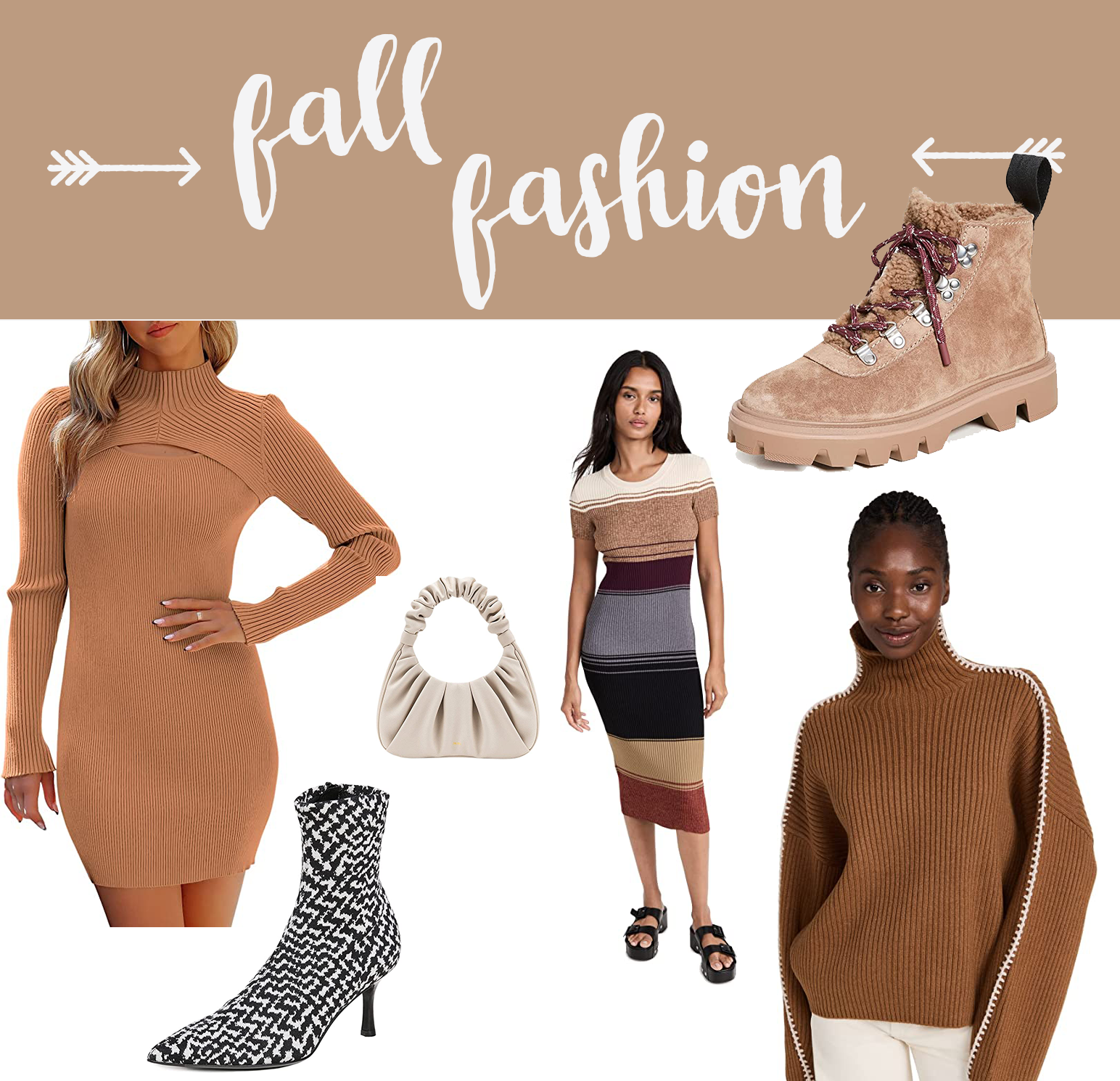 A collage of boots and brown toned sweaters and a white leather handbag.